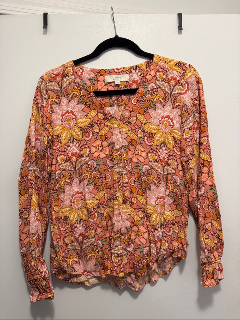 LOFT Coral-Pink Floral Button-Front Blouse